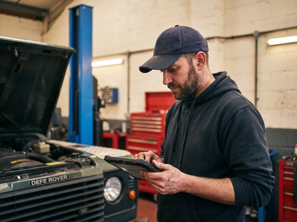 A mechanic checking a tablet beside a car in a UK garage